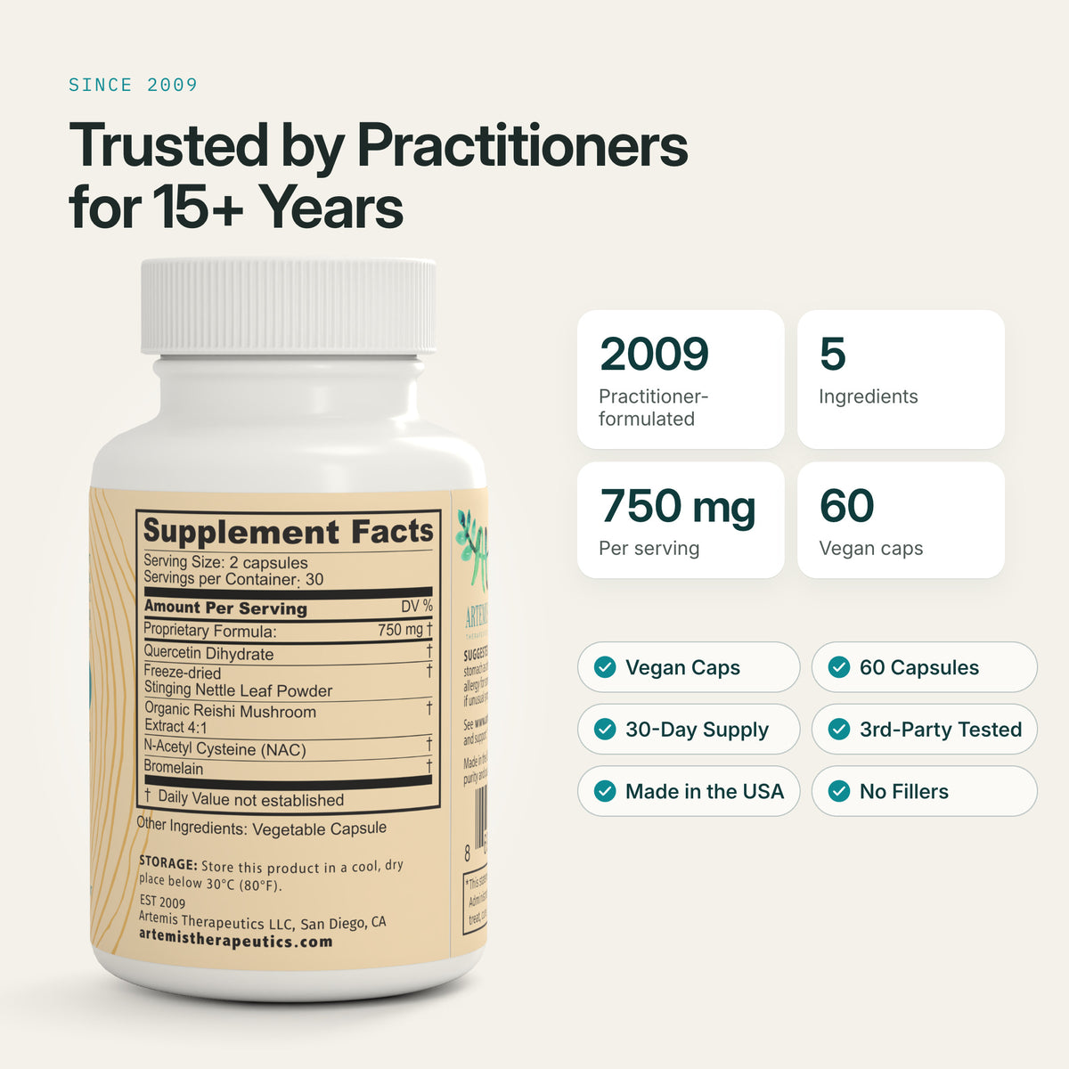 Back of the Lucidia bottle with Supplement Facts beside vegan caps, third-party tested, made in the USA