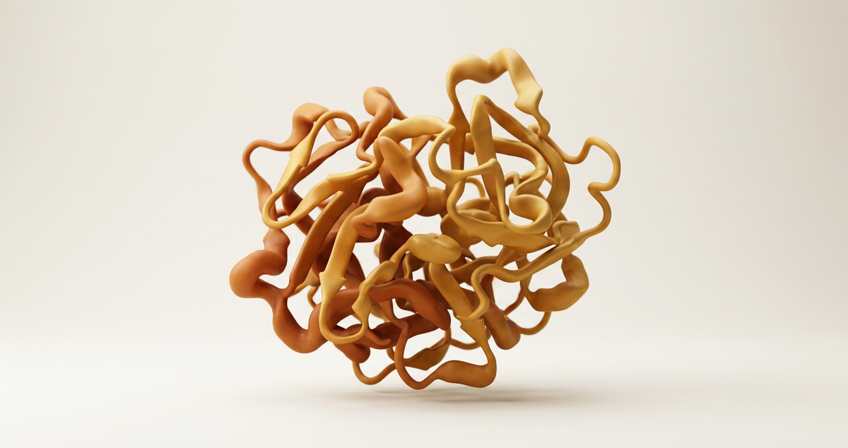Matte 3D render of a golden bromelain enzyme protein structure