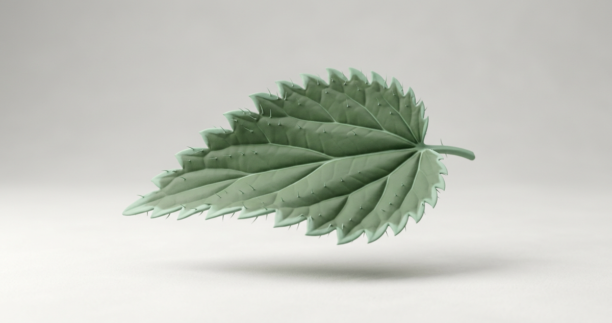 Matte 3D stinging nettle leaf floating on clean white background