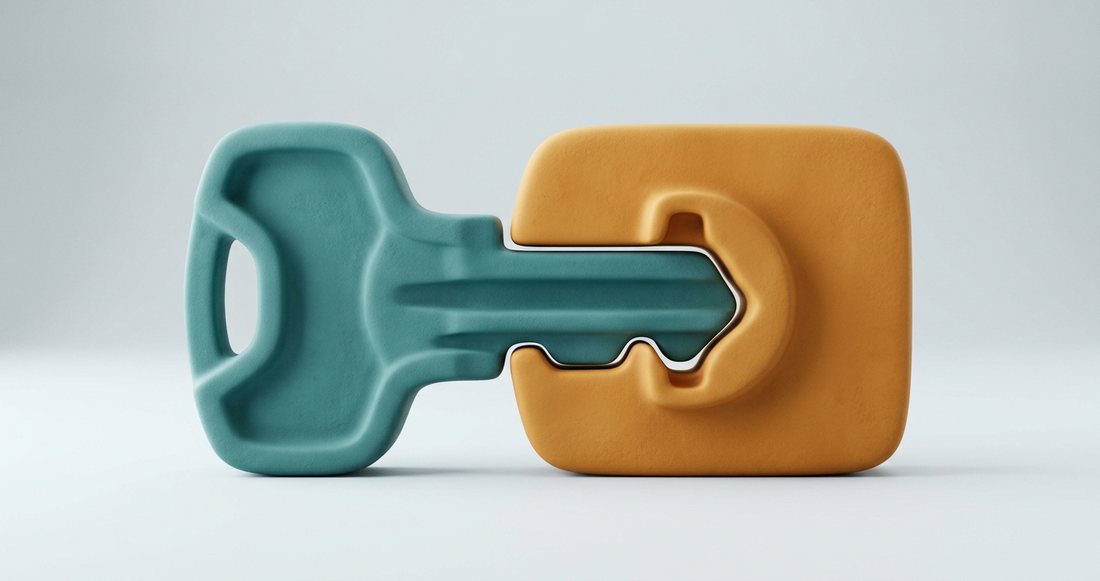 Matte 3D key-and-lock enzyme mechanism in teal and amber