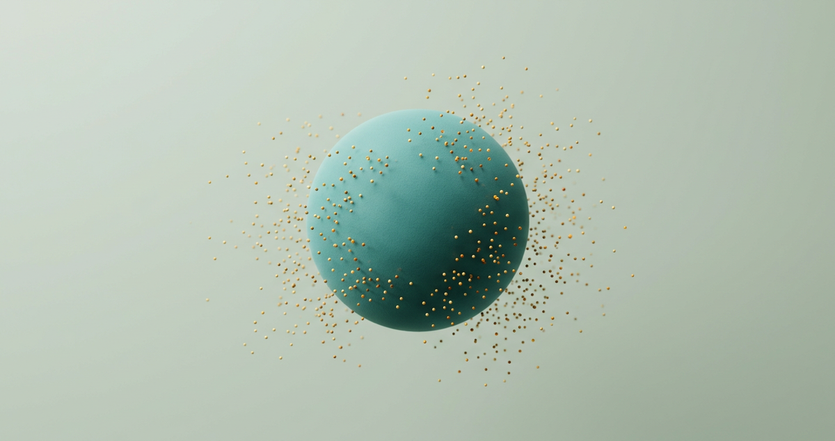 Matte 3D teal sphere releasing golden histamine particles