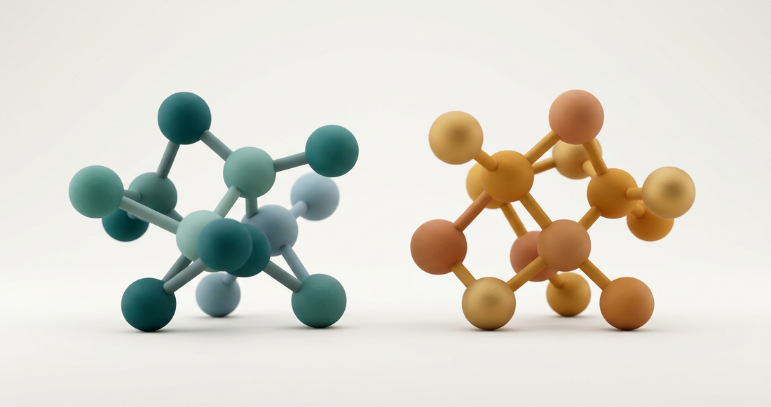 Two matte 3D molecular structures side by side in teal and amber