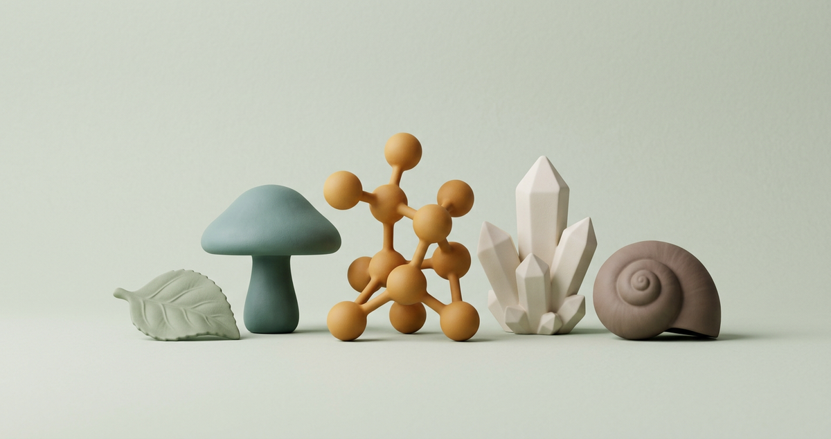 Matte 3D arrangement of five wellness objects: mushroom, molecule, crystal, leaf, and shell