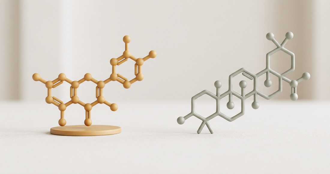 Two matte 3D molecular structures on pedestals, gold and grey