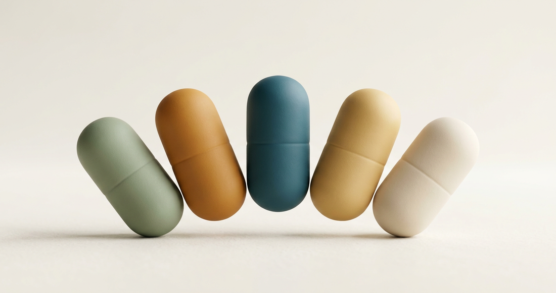 Five matte 3D capsules in sage, amber, teal, gold, and cream tones