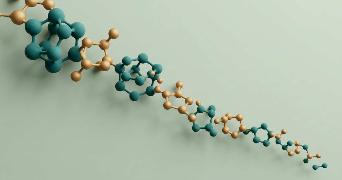 Matte 3D molecular chain in teal and gold ball-and-stick style