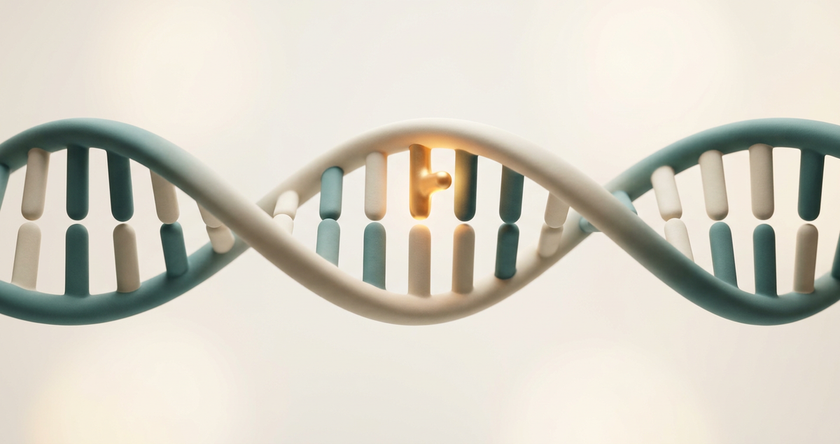 Matte 3D DNA double helix with glowing methyl group markers in teal and gold