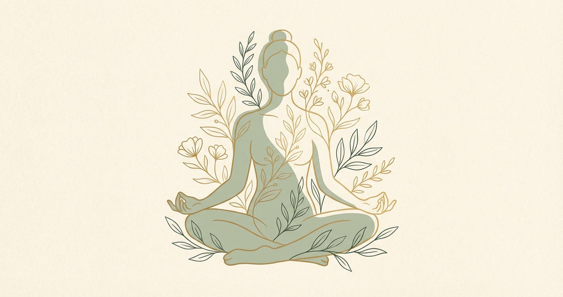 Serene meditation figure surrounded by botanical line art in sage green and gold — illustration for Radical Positivity blog post