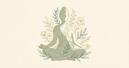Serene meditation figure surrounded by botanical line art in sage green and gold — illustration for Radical Positivity blog post