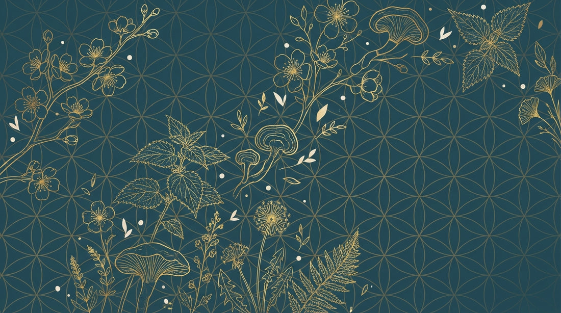 Gold botanical line art on deep teal — cherry blossoms, nettle, reishi mushroom, and wildflowers over Flower of Life sacred geometry