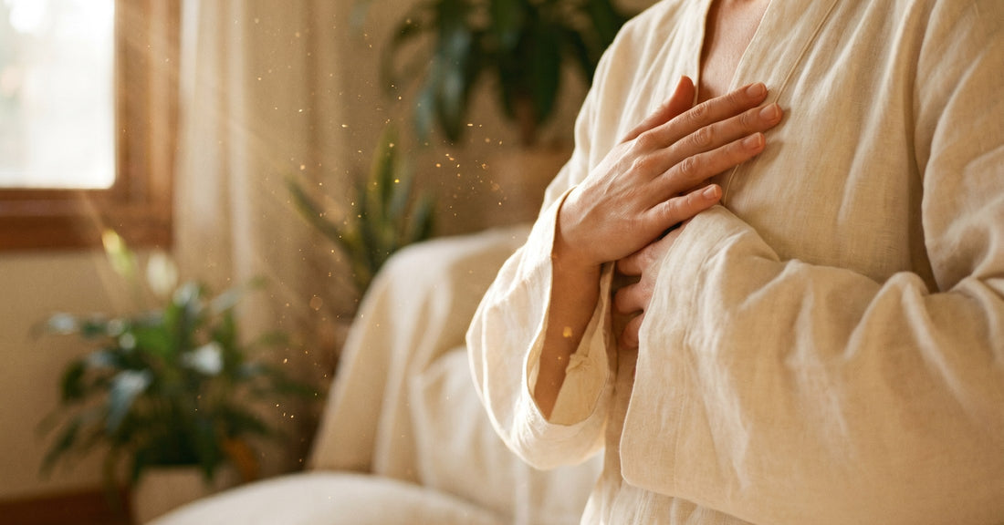 Hands resting at the heart in a soft Qi Gong gesture, golden window light catching dust motes — a moment of nervous system reset