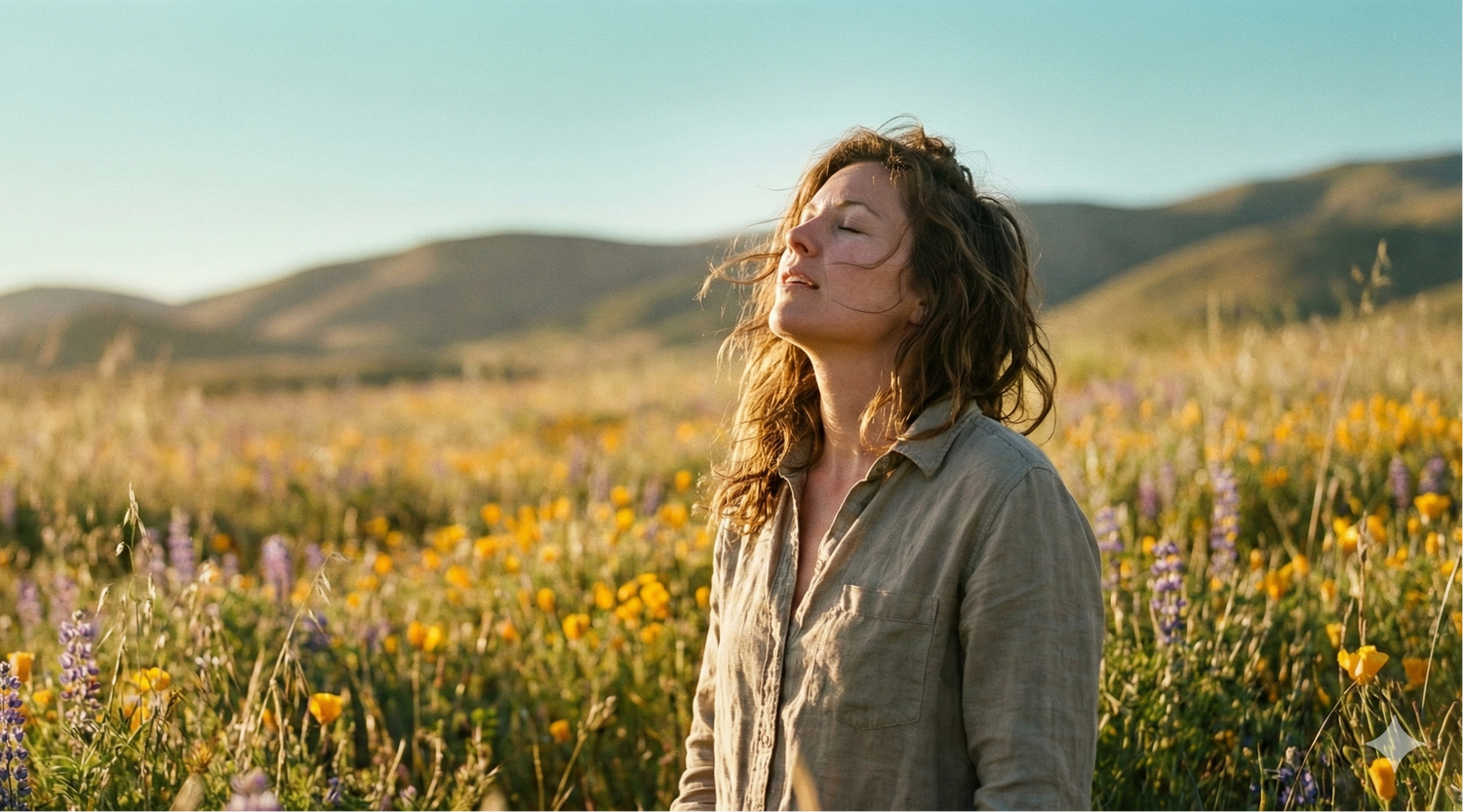 Woman standing in a field of wildflowers with mountains in the background
