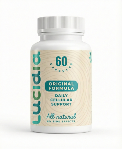 Lucidia Original Formula bottle — practitioner-formulated daily wellness supplement with quercetin, NAC, reishi, bromelain, and stinging nettle