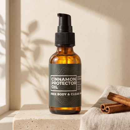 Cinnamon Protector Oil pump bottle on a travertine ledge in morning sun