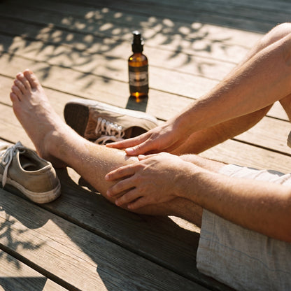 Working oil into the calf on a sunny wooden deck