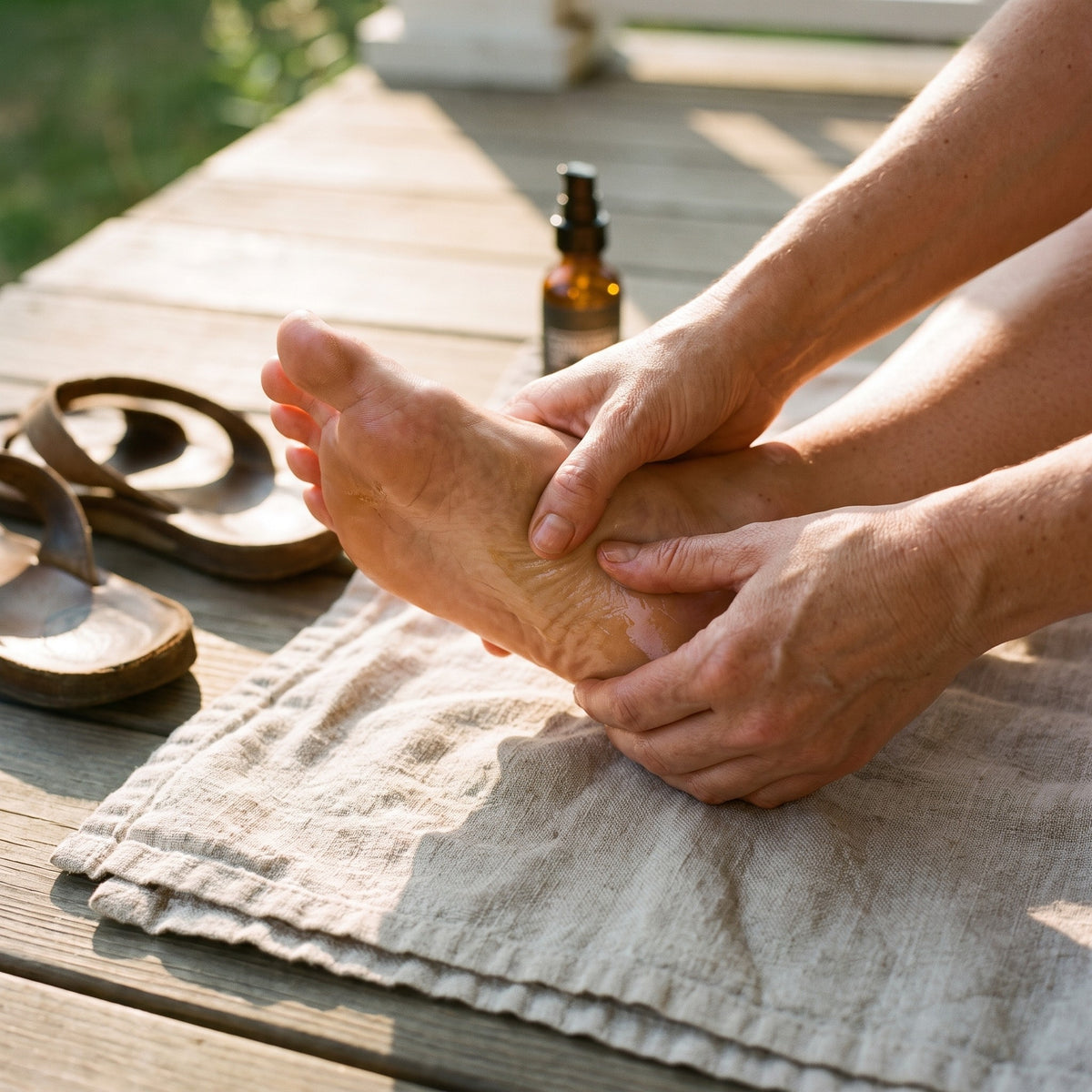 Hands massaging oil into the sole of a foot on a sunlit porch