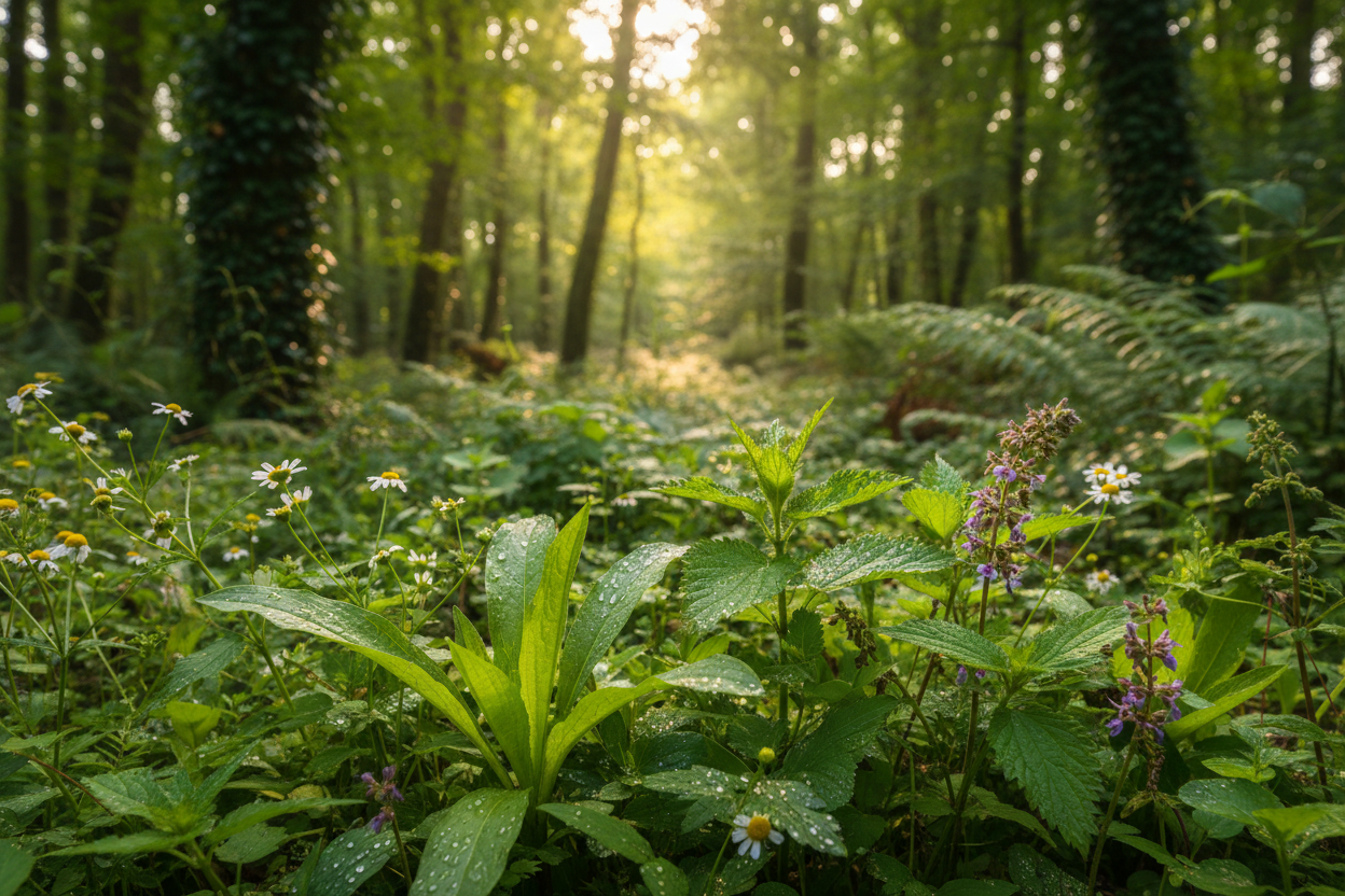 Botanical forest close-up — natural herbs in their wild habitat