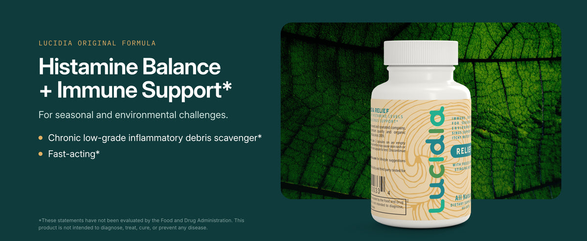Lucidia bottle over a backlit green leaf: histamine balance and immune support