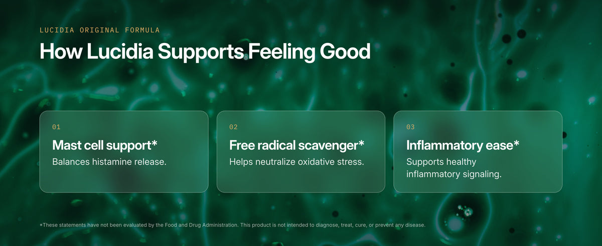 Mast cell support, free radical scavenger and inflammatory ease on a green texture