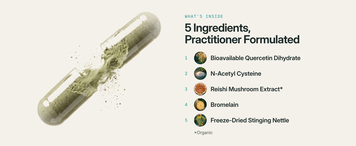 An open Lucidia capsule beside its five ingredients, numbered one to five