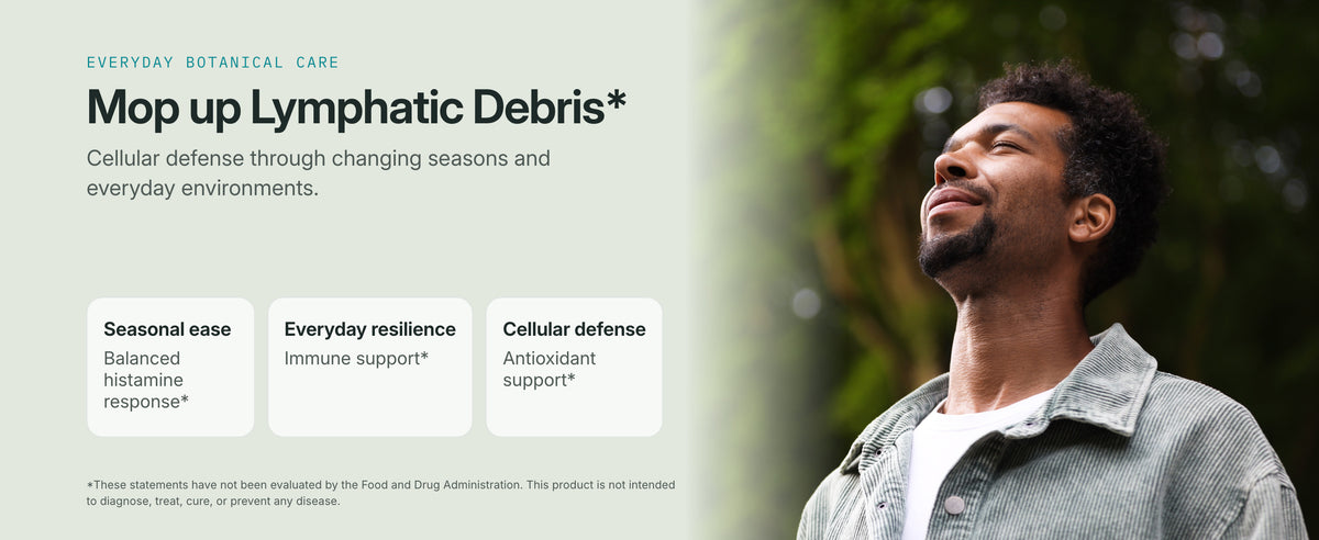 A man outdoors in green light beside seasonal ease, everyday resilience and cellular defense