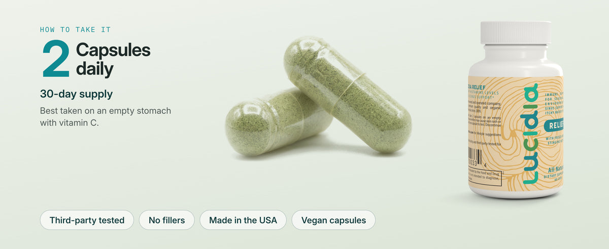 Two Lucidia capsules and the bottle: two capsules daily, a 30-day supply
