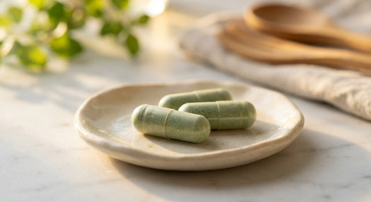 Lucidia capsules closeup — two vegetable capsules showing the natural supplement formula