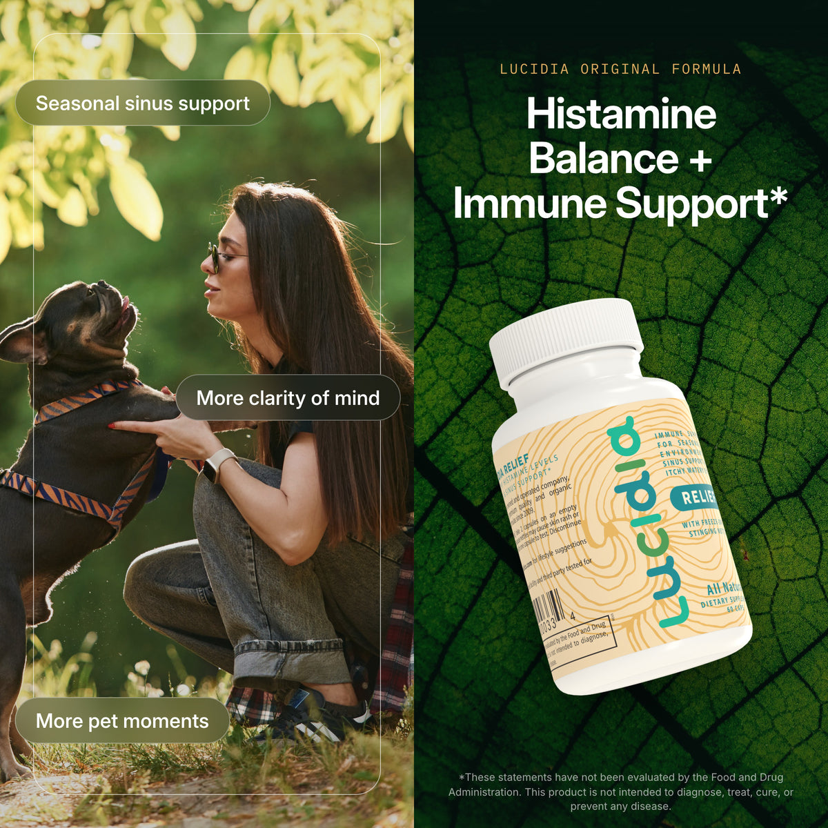 Lucidia bottle on a dark leaf beside a woman playing with her dog, for histamine balance and immune support