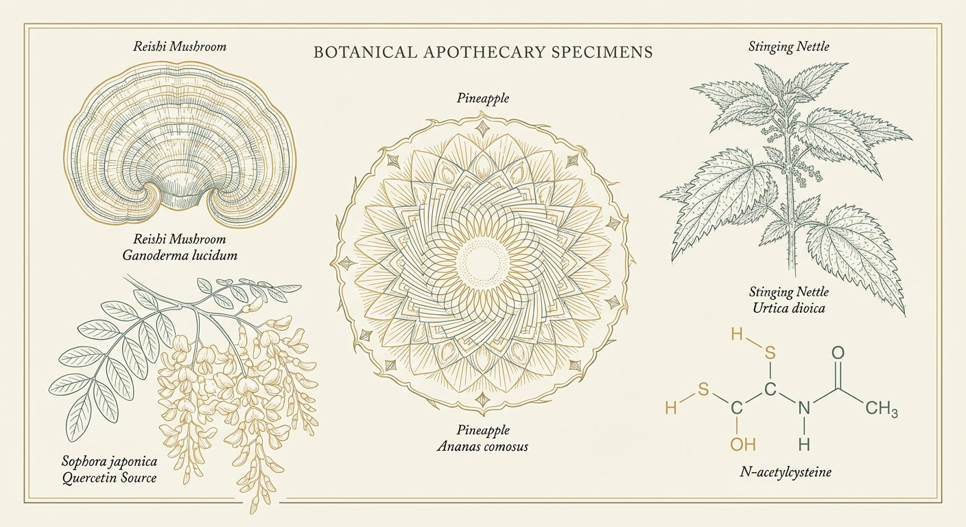 Lucidia raw botanical ingredients — quercetin, reishi mushroom, stinging nettle, bromelain, and NAC displayed on a specimen plate