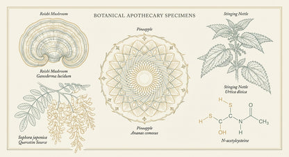Lucidia raw botanical ingredients — quercetin, reishi mushroom, stinging nettle, bromelain, and NAC displayed on a specimen plate