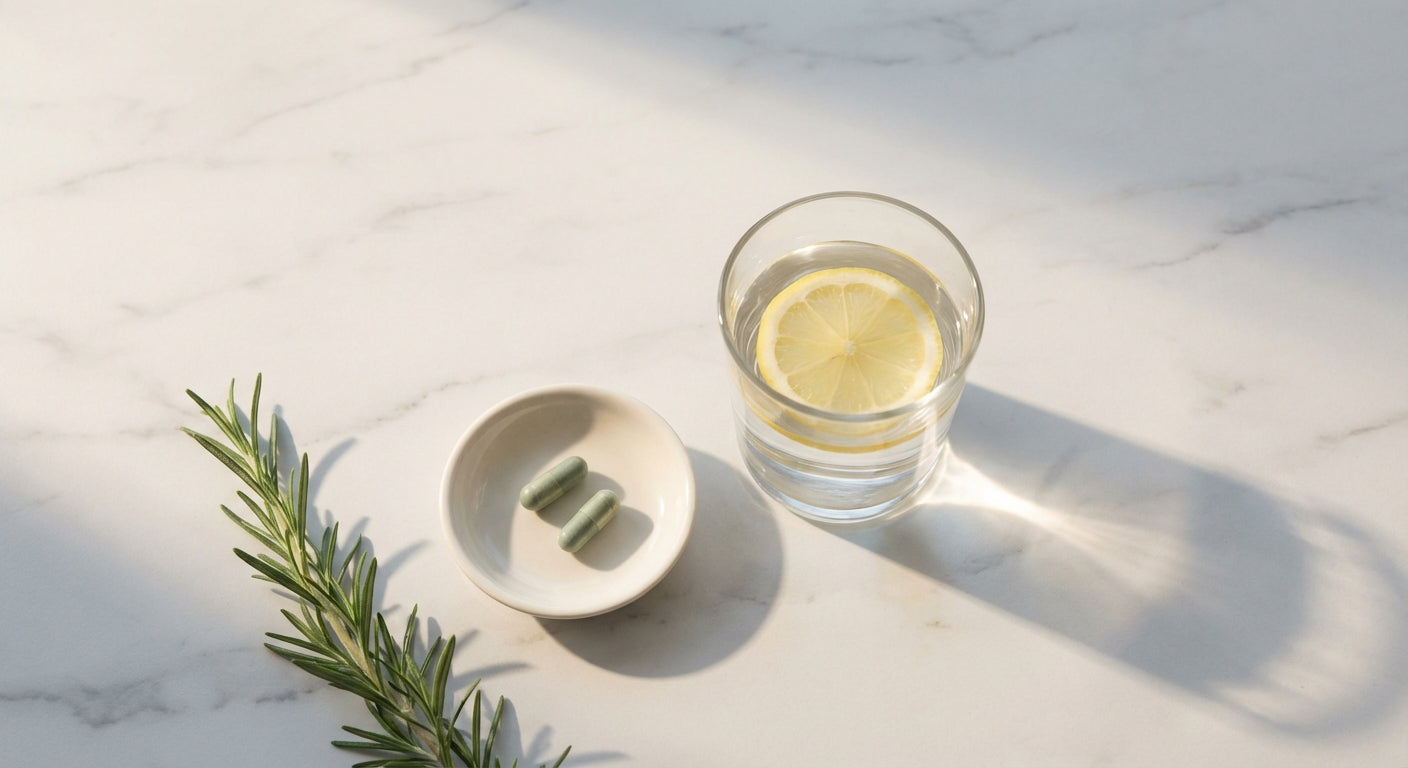 Lucidia morning wellness ritual — supplement bottle with fresh botanicals and morning light