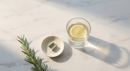 Lucidia morning wellness ritual — supplement bottle with fresh botanicals and morning light