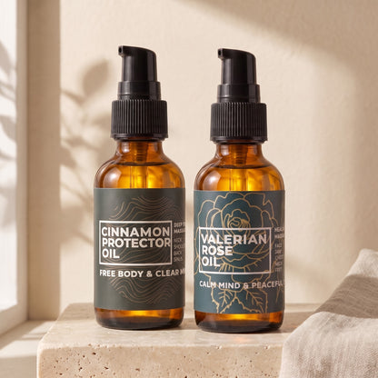 Cinnamon Protector Oil and Valerian Rose Oil side by side in morning sun