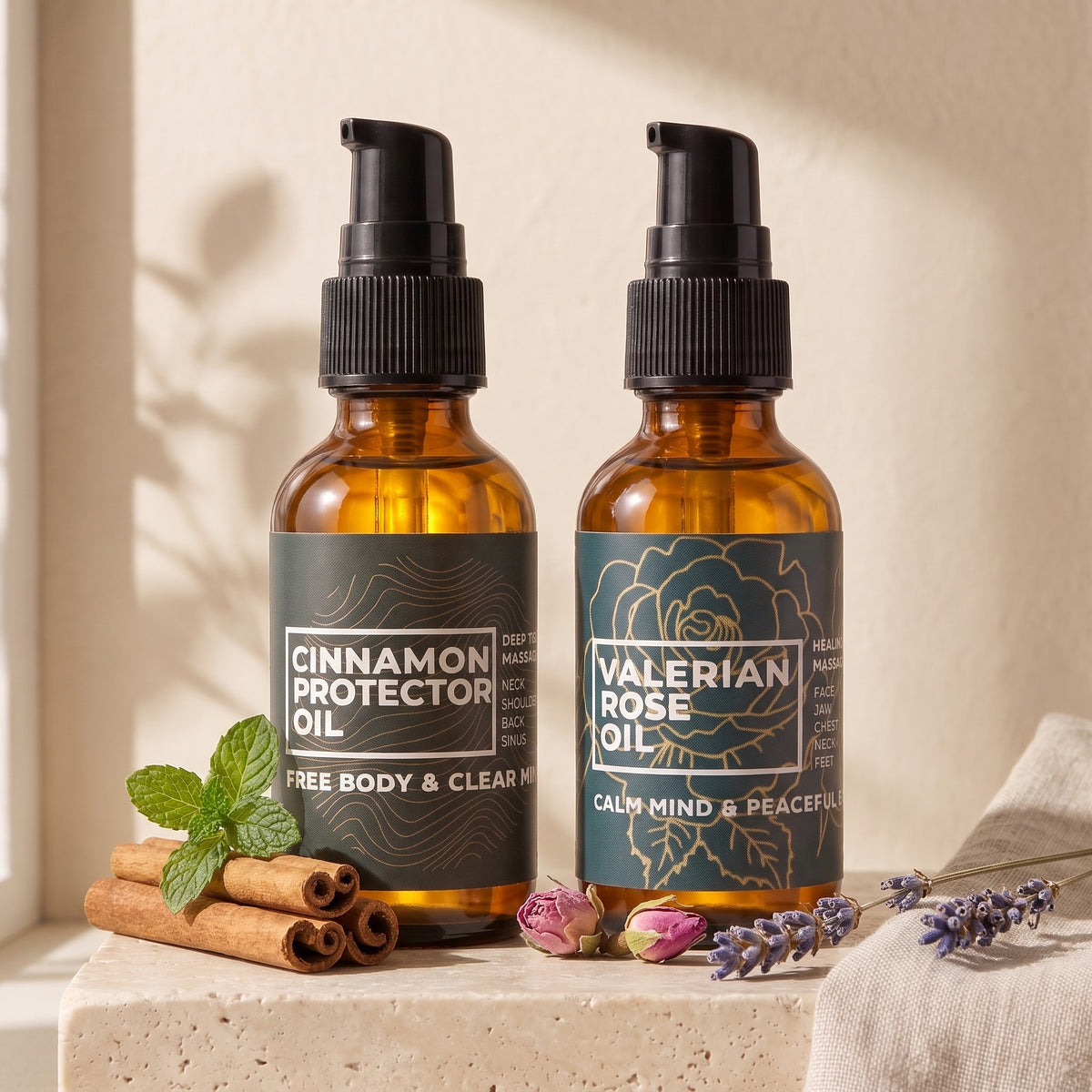 Both oils with cinnamon, peppermint, rosebuds and lavender
