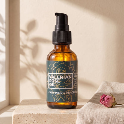Valerian Rose Oil pump bottle on a travertine ledge in morning sun