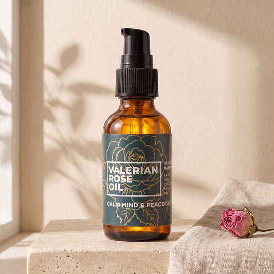 Valerian Rose Oil pump bottle on a travertine ledge in morning sun