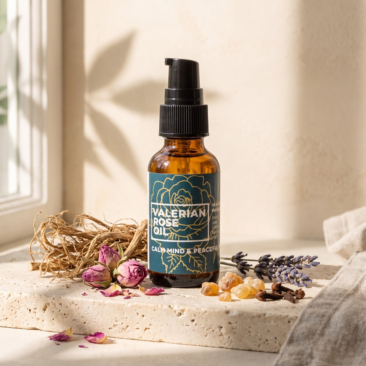 Valerian Rose Oil with valerian root, rosebuds, lavender, frankincense and cloves