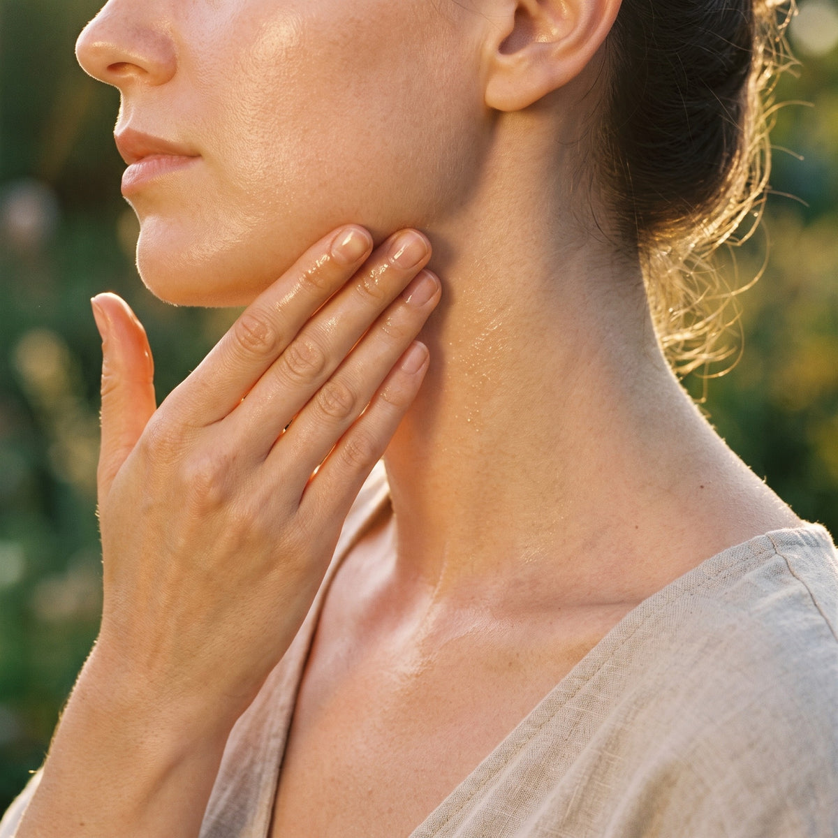 Fingertips smoothing oil along the jawline and neck at golden hour