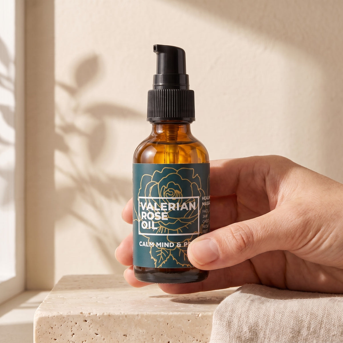 Valerian Rose Oil held in one hand, showing the 1 fl oz size