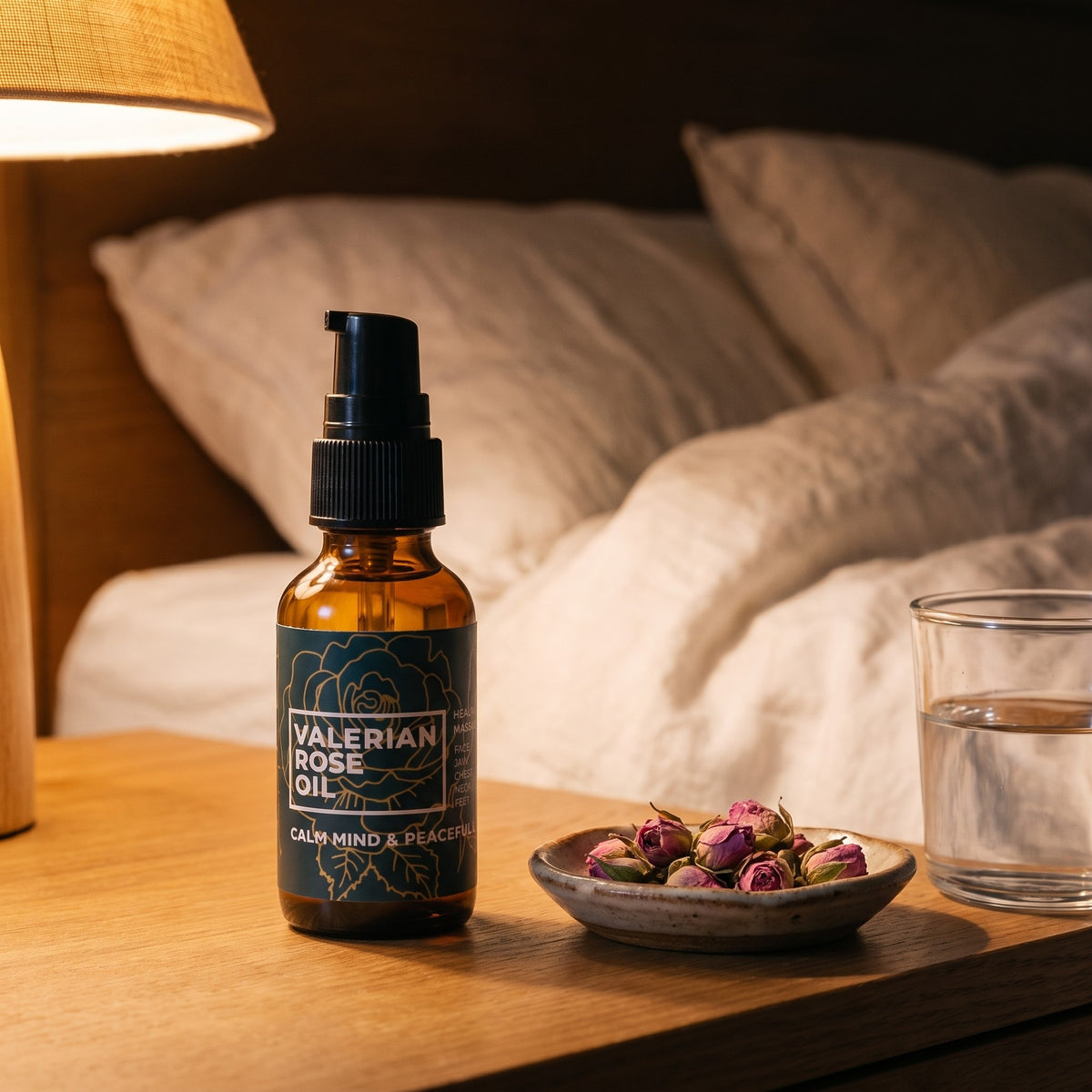 Valerian Rose Oil on a bedside table by lamp light