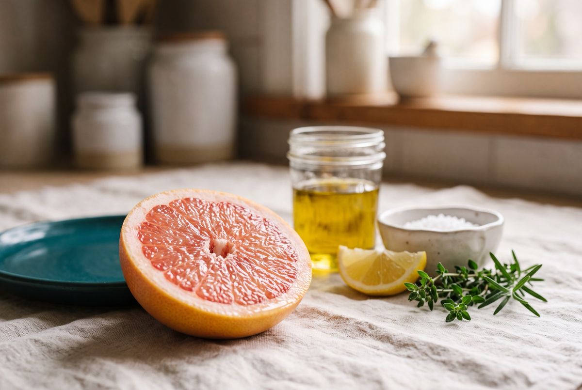 A halved pink grapefruit, olive oil, Epsom salt and lemon, the supplies for the liver and gallbladder flush